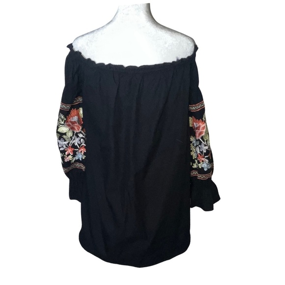 Free People Black Embroidered Off Shoulder Boho Mini Dress Tunic M - Picture 7 of 8